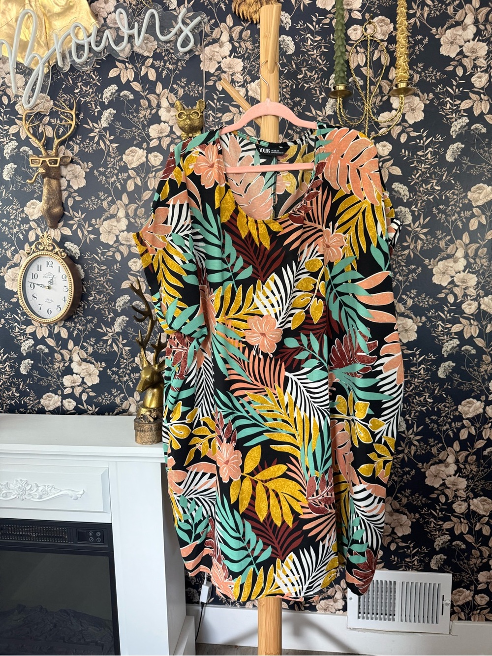 Yours Clothing Black Mini Dress with Teal, Mustard & Peach Tropical Print